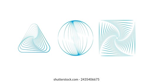 Set of abstract swirling symbols. Technology glowing colored sphere, triangle and square. Twisted wireframe tunnel.