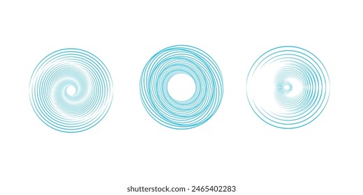 Set of abstract swirling symbols. Technology glowing colored sphere, triangle and square. Twisted wireframe tunnel.