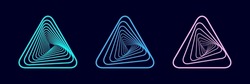 Set Of Abstract Swirling Symbols. Twisted Wireframe Tunnel. Curved Blue Shape. Technology Glowing Colored Triangles.