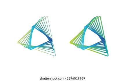 Set of abstract swirling symbols. Twisted wireframe tunnel. Curved blue shape. Technology glowing colored triangles.