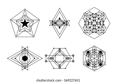A set of abstract symbol in different styles: sacred geometry, magic, mystic, meditation, alien. Set of Abstract Sacred geometry icons, shapes, magic signs, symbol. Geometric Mandala.