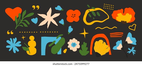 Conjunto de Símbolo Abstractas Floral. Vector Icono de artículos tropicales en colores brillantes en un estilo plano. Hojas dibujadas a mano y flores florecientes en fondo negro. Diseño colorido en Anuncio para el otoño. 