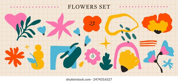Conjunto de Símbolo Abstractas Floral. Vector Icono de artículos tropicales en colores brillantes en un estilo plano. Hojas dibujadas a mano y flores florecientes en el fondo moderno. Diseño colorido en Anuncio para el verano. 
