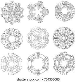 Set of abstract symbolic black patterns, design elements, isolated on white. A collection of round ethnic ornaments. A pattern for embroidery. Sketches for tattoos.