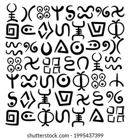 A set of abstract symbols of African tribes. Vector doodles of ancient ethnic traditional symbols.