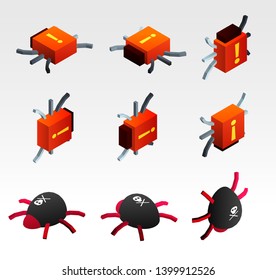 Set of abstract symbols of digital computer virus in form of bugs. Vector isometric illustration different views.