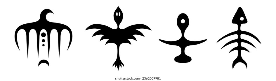 Conjunto de símbolos abstractos. Signos étnicos. Conjunto de iconos. Aves, estatuilla, hueso de pescado. Colección de logotipos. Logotipos animales. Formas negras con influencia étnica aisladas en fondo blanco. Ilustración vectorial.