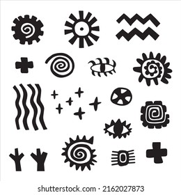 Set of abstract symbols like sun, water, eye. Hand drawn picture of primitive tribes. Vector illustration in ethnic style