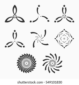 Set of abstract symmetric geometric shapes, symbols for your design. Monochrome colors. Isolated vector shapes.