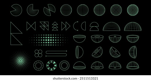 Set of abstract tech geometric shapes and forms. Geometric elements. Trendy Y2K signs and symbols. Vector illustration.