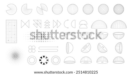 Set of abstract tech geometric shapes and forms. Geometric elements. Trendy Y2K signs and symbols. Vector illustration.