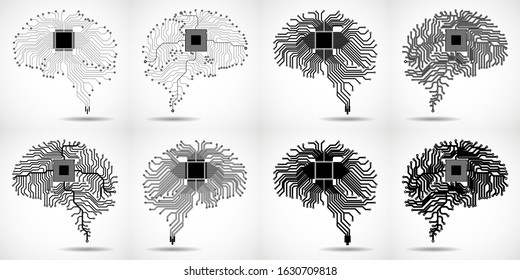 Set of abstract technological brain. Cpu. Circuit board. Vector illustration