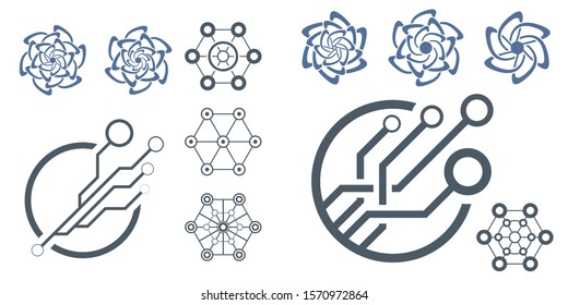Set of abstract technological conception symbols. Vector technology background.