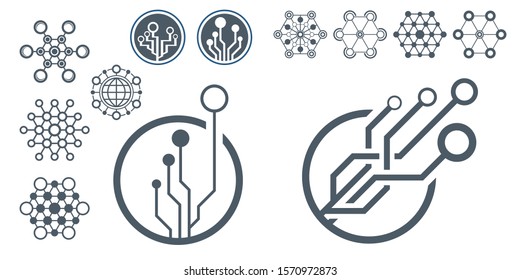 Set of abstract technological conception symbols. Vector technology background.