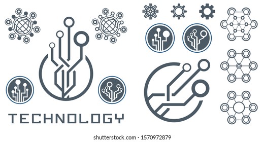 Set of abstract technological conception symbols. Vector technology background.