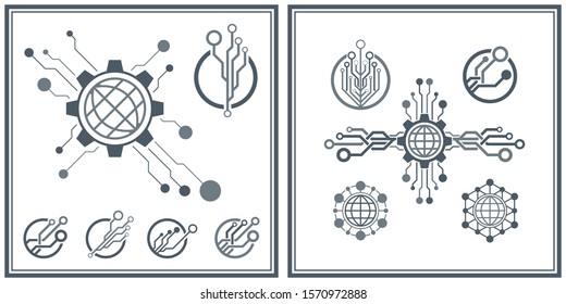 Set of abstract technological conception symbols. Vector technology background.