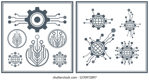 Set of abstract technological conception symbols. Vector technology background.