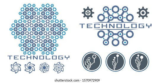 Set of abstract technological conception symbols. Vector technology background.