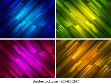 Set abstract technology futuristic concept yellow, blue, green, red glowing diagonal stripes layered on dark background. Vector illustration