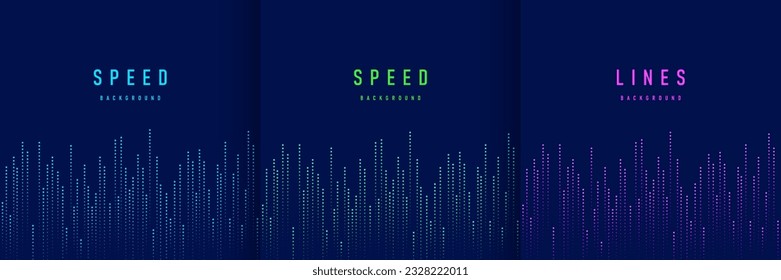 Set of abstract technology vertical speed dots lighting green, blue and pink on dark blue background. Futuristic glowing neon lights. Design for banner, cover, web, flyer, card, poster. Vector EPS10.
