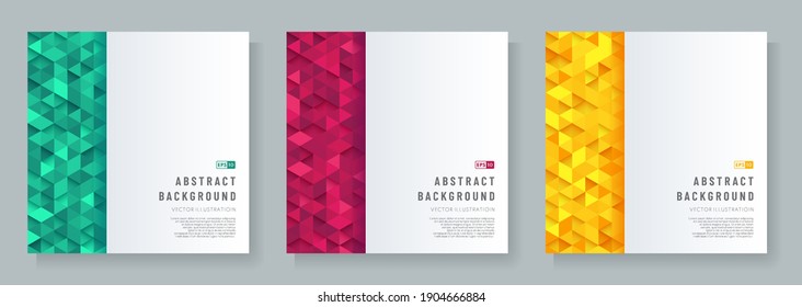 Set of abstract template white geometric pattern on triangle green red and yellow pattern background. Trendy color futuristic technology design concept background with space for text. Vector EPS10