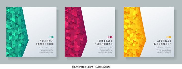 Set of abstract template white geometric pattern on triangle green red and yellow pattern background. Trendy color futuristic technology design concept background with space for text. Vector EPS10