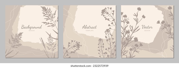 Set of abstract templates background with floral sketch herb and ripped torn paper texture in neutral. Editable vector for social media post, card, cover, banner, invitation, poster, mobile apps