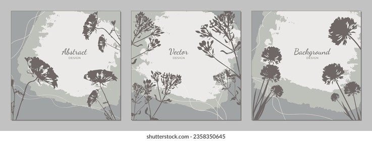 Set of abstract templates background with meadow floral sketch herb and ripped texture in gray colors. Editable vector for social media post, card, cover, banner, invitation, poster, mobile apps