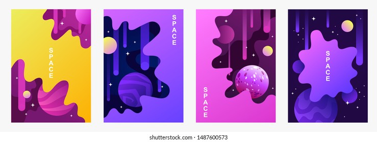 Set of abstract templates for banner, cover, poster, frame, presentation, brochure. Gradient, liquid design. Vector cartoon illustration. Space. Violet background. Planets and universe. EPS 10.