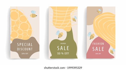 Set of abstract templates with honeycomb, beehive, bees. Background template with copy space for text. Suitable for posters, social media, postcards, covers, banners, and other graphic designs