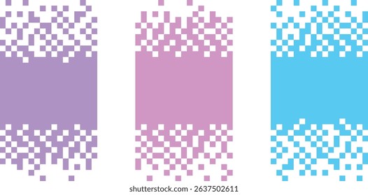 Set of abstract templates with pixel art texture, 8-bit design pack. Pixel art with retro game style blocks. Banner template with square pixels. Vector illustration.