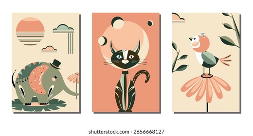 Un conjunto de Plantillas abstractas para postales, portadas, Anuncios, carteles y más con un gato, elefante, pájaro y Elementos geométricos. Diseño de Vector