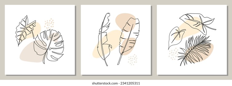 Set of abstract templates with tropical leaves on a white background. Line art, pastel colors. Banana, palm, monstera, alocasia leaves. Square posters, covers, wall art. Vector illustration.