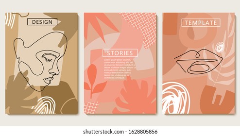 Set of abstract Terracotta backgrounds with copy space in minimalism style. Fashion collage with leaves and continuous line woman face. Design templates for social media stories, covers etc. Vector.