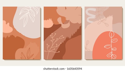Set of abstract Terracotta backgrounds with copy space in minimalism style. Fashion contemporary collage with leaves. Design templates for social media stories, covers, banner etc. Vector.
