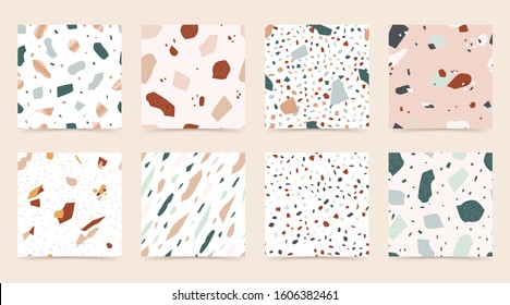 Set abstract terrazzo seamless pattern with gold fragments on light background. Realistic marble texture with stone. Modern minimalist backdrop for floor and tile design. vector illustration