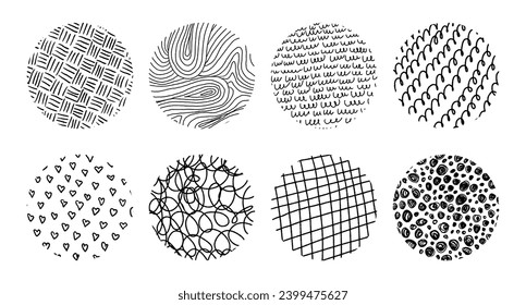 Set of abstract texture or background in round shape. Curves, crossed lines, scribbles, hearts, lines and circles. Contemporary trendy illustration or icon templates