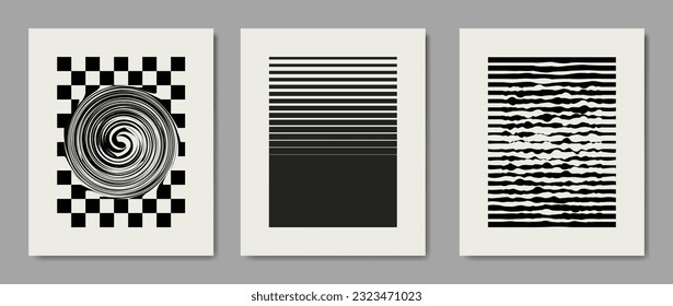 Conjunto de afiches a rayas y a cuadros de textura abstracta. Ilustración vectorial. Fondo de patrón monocromo minimalista.