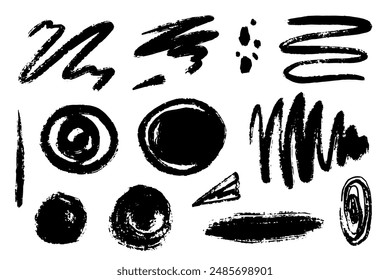 Set of abstract texture stains, brush strokes, old scuffs. Vector graphics.