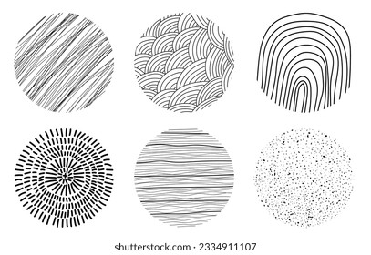 Set of abstract textured circles. Hand drawn doodle shapes. Spots, drops, curves, Lines. Contemporary trendy design elements for posters, banners, Social media templates. Vector illustration. 