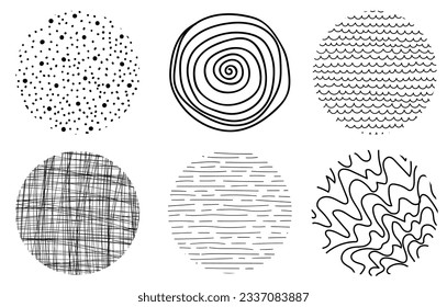 Conjunto de círculos texturados abstractos. Formas de doodle dibujadas a mano. Puntos, caídas, curvas, líneas. Elementos de diseño moderno para afiches, banners, plantillas de medios sociales. Ilustración vectorial. 