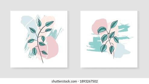 Set of abstract textured hand drawn minimalistic vector backgrounds with botanical elements. Collection of square illustrations for social media design, banner, greeting cards, wallpaper