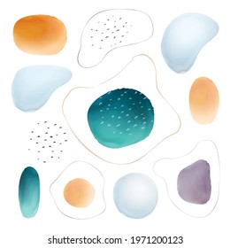 Set, abstract textured watercolor brush, blob shapes and frames, background with points and lines. Watercolour design elements isolated color grunge blots. Vector creative painted textures, modern art
