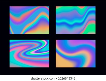 Set of abstract textures with holographic iridescent stains in pastel color palette.