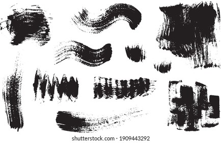 Set of abstract textures made with dry brushstrokes. Hand drawn monochrome vector illustration. Isolated on white background.