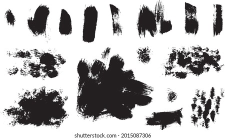 Set of abstract textures made with dry brushstrokes. Hand drawn monochrome vector illustration. Isolated on white background.