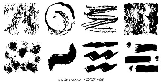 A set of abstract textures obtained with the help of crayon, charcoal, ink, watercolor. Wavy, mottled, rough textures. Vector.