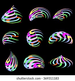 set of abstract three-dimensional futuristic figures of differnt colors with stripes and lines