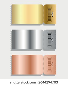 Set of abstract tickets in gold, silver and bronze. Vector VIP coupon templates