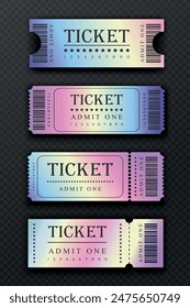 Set of abstract tickets of rainbow gradient. Tickets with barcodes, different shapes, front view. Ticket templates. Vector illustration